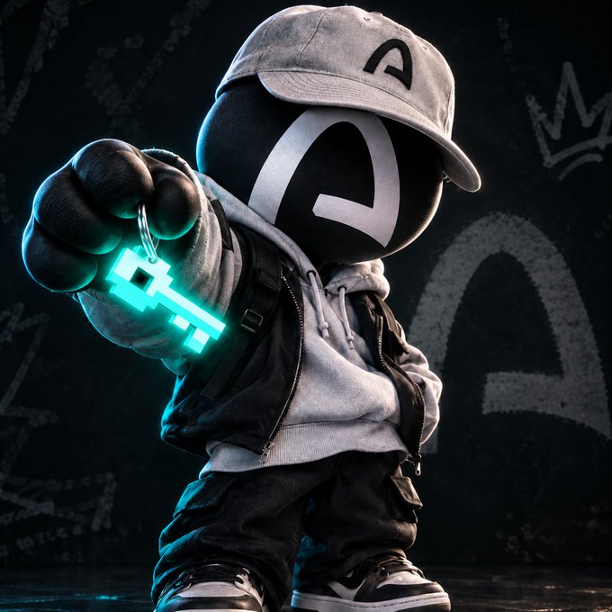 A chibi-style mascot wearing a cap with a stylized "A" logo (Arc/Stonks branding) holds out a glowing cyan pixelated key toward the viewer. The image ties directly to the post's "First Key, First Door" message and 4,444 NFT mint announcement on arcstonks.xyz, with the key symbolizing waitlist access before the mainnet launch.