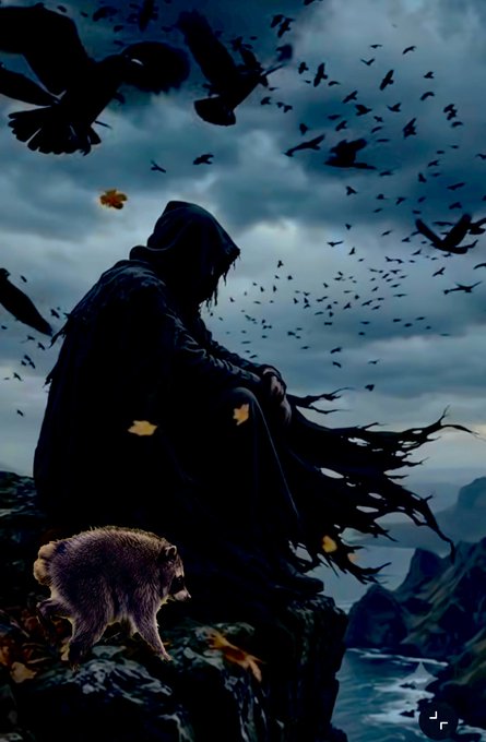 A dark fantasy illustration of a hooded figure in black robes seated on a rocky cliff overlooking the sea, accompanied by a small dog, with a flock of black birds flying in a cloudy sky.
