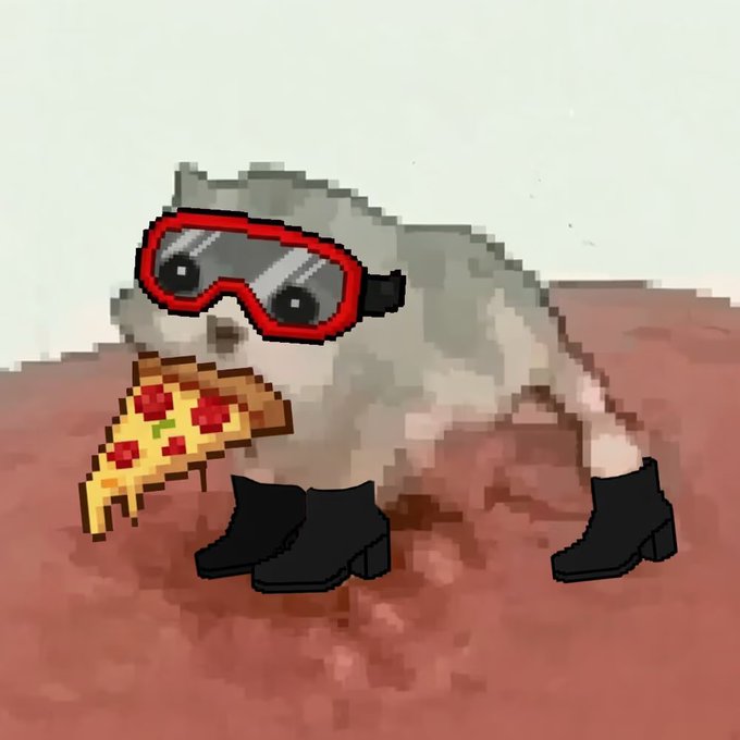 A pixel-art gray cat wearing red goggles and black boots is eating a slice of pepperoni pizza, standing on a reddish-brown pixelated surface.