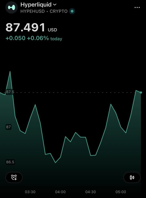 A Robinhood chart for Hyperliquid (HYPE/USD) shows the price at $87.491, up 0.06% on the day, with a volatile intraday pattern climbing back toward the $87.5 level—visually supporting the celebratory "HAPPY NEW ALL TIME $HYPE" caption.