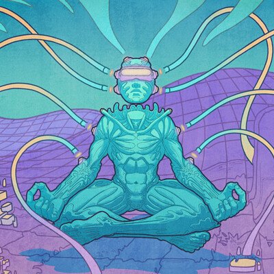 A teal and purple cyberpunk-style illustration of a humanoid ape figure with a VR headset sitting in a meditation pose, connected to glowing cables.