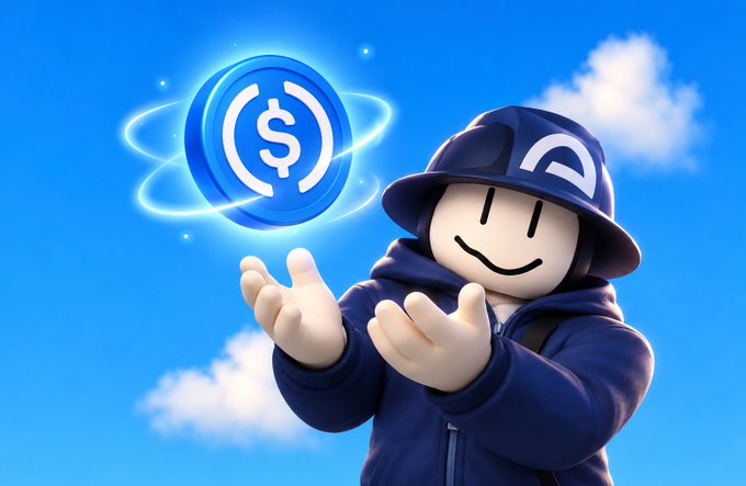 A stylized 3D character in a navy blue hoodie and bucket hat smiles while summoning a glowing USDC ($) coin that floats above their cupped hands against a bright blue sky. The image reinforces the post's message about USDC being the optimal gas token for $BOA, visually personifying the coin as a magical, easily-channeled currency.