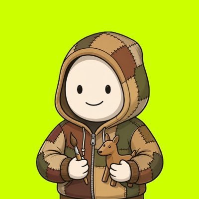 A cartoon illustration of a smiling character in a patchwork hooded jacket holding a paintbrush and a small brown toy animal against a lime green background.