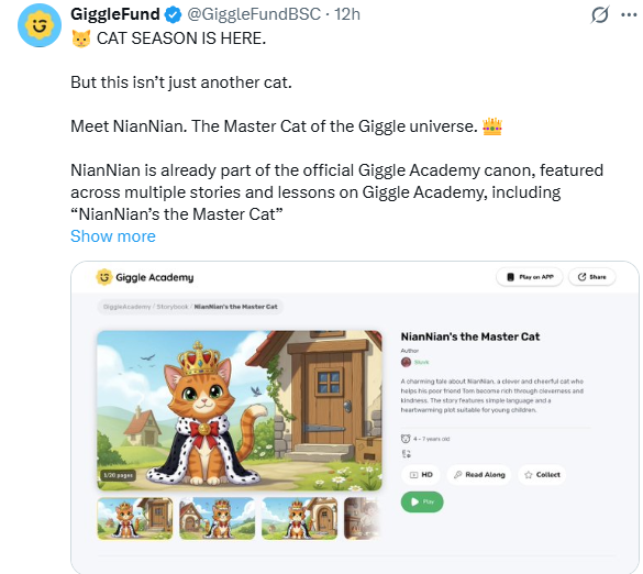 A screenshot of a GiggleFund (@GiggleFundBSC) tweet announcing "CAT SEASON IS HERE" and introducing "NianNian, The Master Cat of the Giggle universe," accompanied by a preview of a Giggle Academy storybook page titled "NianNian's the Master Cat" featuring a crowned cartoon cat. The post appears to be criticizing the @GiggleFundBSC project and questioning why @cz_binance allowed this seemingly unserious "cat" content within the BNB Chain's Giggle Academy ecosystem.