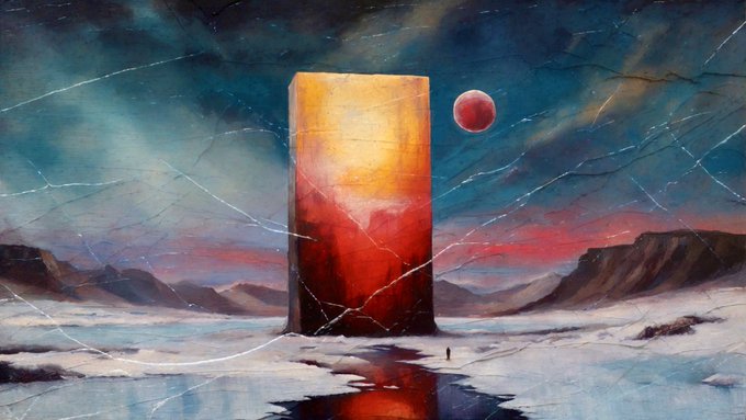 A surreal painting of a glowing orange and red monolith standing in a desolate landscape with a blood moon and mountains in the background.