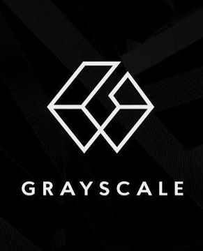 The image displays the Grayscale logo—a white interlocking cube design—on a dark background with the word "GRAYSCALE" beneath it. It accompanies a post announcing Grayscale's $45B statement that institutional investment cushioned the recent crypto dip, signaling the bear market's end.