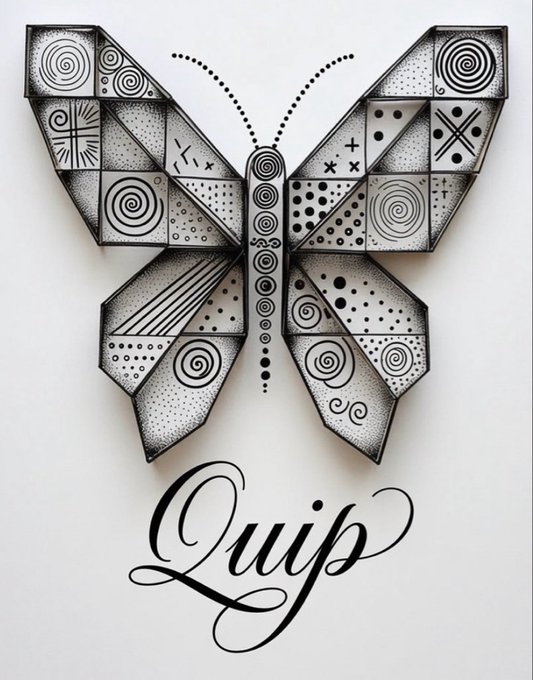 A black and white geometric butterfly illustration featuring patterns of spirals, dots, and crosses, with the word 'Quip' written in elegant cursive script below it.