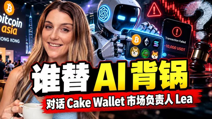 A YouTube thumbnail showing a woman, a robot, and a smartphone displaying 'Transaction Failed -10,000 USDT', with Chinese text asking 'Who does AI betray?' and mentioning an interview with Cake Wallet's marketing lead Lea.