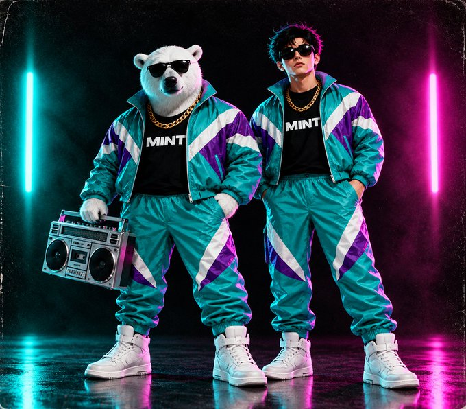 Two figures pose in matching teal, purple, and white retro tracksuits with "MINT" printed on their shirts—one is a polar bear wearing sunglasses and gold chains holding a boombox, the other a person with sunglasses and styled hair, lit by neon cyan and pink lights.
