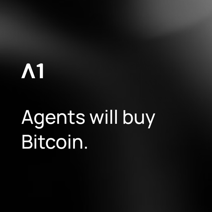 A dark image features white text reading "^1" and "Agents will buy Bitcoin." This visual reinforces the post's prediction that as autonomous AI agents gain economic agency, Bitcoin will become their preferred currency.