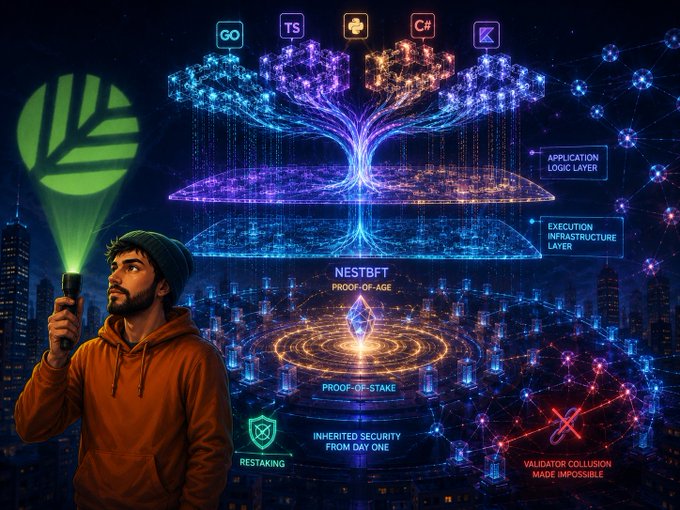 A futuristic illustration showing a person holding a green flashlight next to a glowing technological tree displaying "NESTBFT" with layers labeled "APPLICATION LOGIC LAYER" and "EXECUTION INFRASTRUCTURE LAYER", featuring "PROOF-OF-AGE", "PROOF-OF-STAKE", "RESTAKING", and "INHERITED SECURITY FROM DAY ONE" elements with programming language icons (Go, TS, Python, C#, Kotlin).