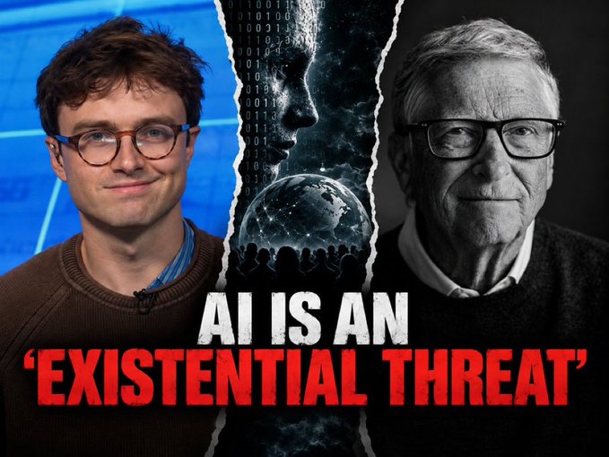 A YouTube thumbnail showing two men on either side of a torn-paper effect with a digital AI face, captioned "AI IS AN 'EXISTENTIAL THREAT'".