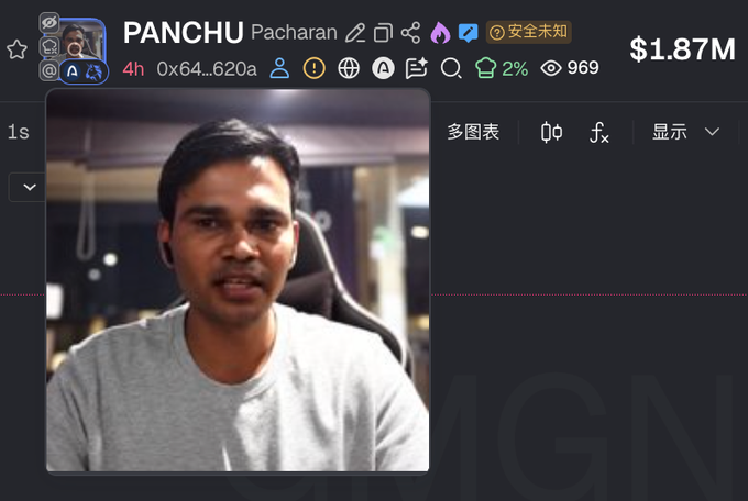 A screenshot shows a user profile for 'PANCHU Pacharan' with wallet address starting '0x64...620a', showing a balance of $1.87M and 969 viewers, featuring a man in a gray t-shirt.