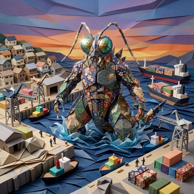 A massive origami-style kaiju with shimmering green eyes emerges from choppy paper-crafted seas, dwarfing the tiny ships, cranes, and coastal town below, perfectly visualizing the dramatic awakening and invasion teased by the #KaijuFold $FOLD announcement.