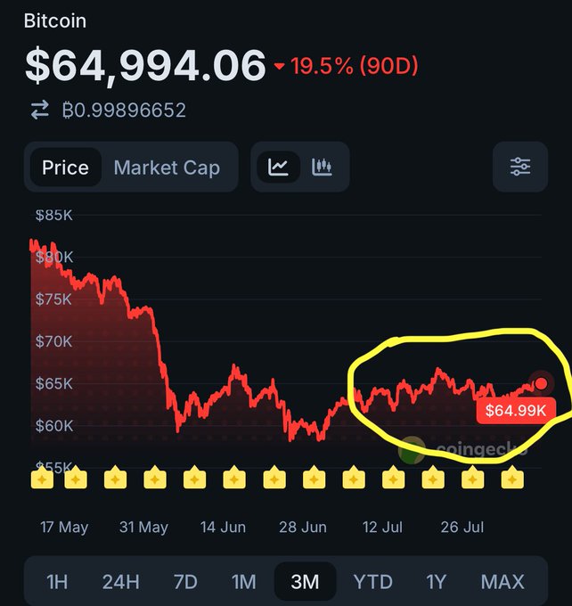 A screenshot displays the Bitcoin price at $64,994.06, showing a 19.5% decline over 90 days, with a 3-month price chart highlighting recent sideways movement.