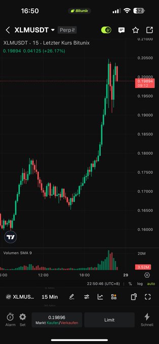 xtrader app that shows the price movement of XLMUSDT over a specific period, currently displaying an upward trend with prices reaching new high points.