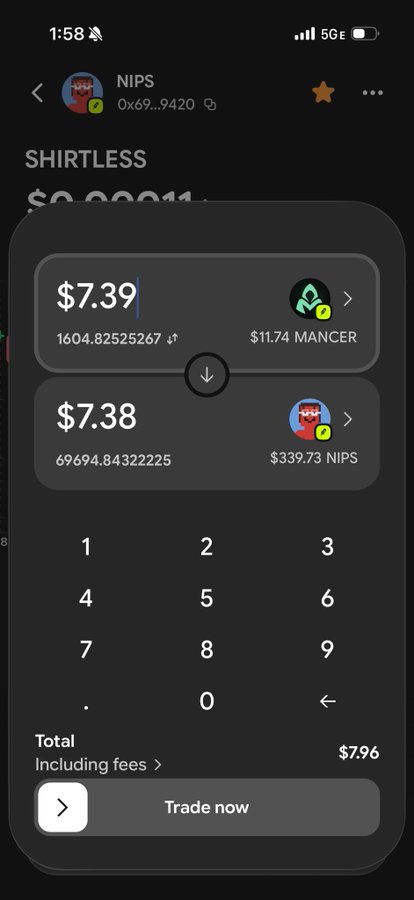 A cryptocurrency trading screen showing an exchange between Mancer and NIPS tokens at $7.39 and $7.38 respectively, with a total of $7.96 including fees.