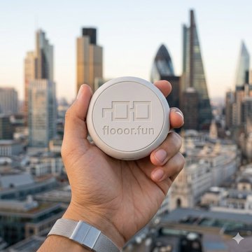 A hand holds a round badge featuring the "floor.fun" logo and the number "100" against the backdrop of London's skyline, including the Gherkin and other iconic skyscrapers. The image visually reinforces the post's celebratory anticipation of the VRNouns floor price reaching $100, with the "100" on the badge symbolizing the milestone and the urban backdrop highlighting the excitement of this achievement in the NFT space.