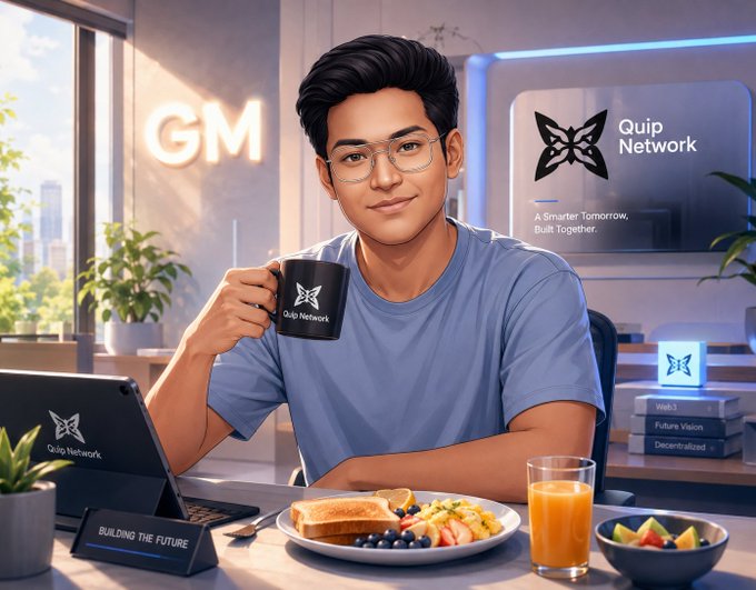 A digital illustration of a young man with glasses holding a 'Quip Network' branded mug, seated at a desk with breakfast and a laptop displaying the Quip Network logo, with the tagline 'A Smarter Tomorrow, Built Together.'
