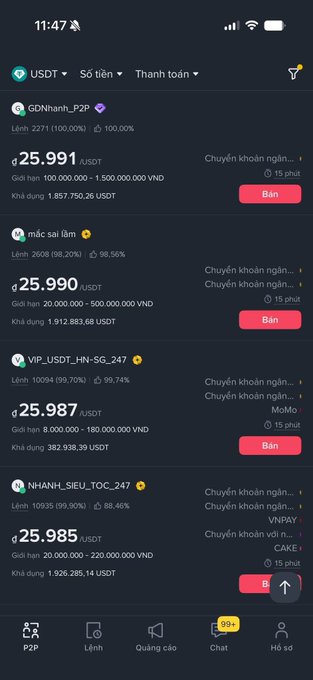 A Binance P2P trading interface in Vietnamese showing USDT buy listings priced around 25,985-25,991 VND from various sellers.