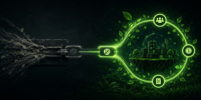 The image depicts a glowing green electrical plug connecting to a lush, floating eco-city surrounded by leaves and circular icons representing community, money, and sustainability, symbolizing the flow of value from a base layer (the plug) to an independent ecosystem.

It visually reinforces the post's message about retaining fees and value within a dedicated chain rather than leaking them to a base layer, illustrating how CNPY Network powers its own sustainable community-driven economy.