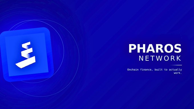 A blue promotional graphic for 'PHAROS NETWORK' features a stylized white boat/anchor logo on a rounded square icon, with the tagline 'Onchain finance, built to actually work.'