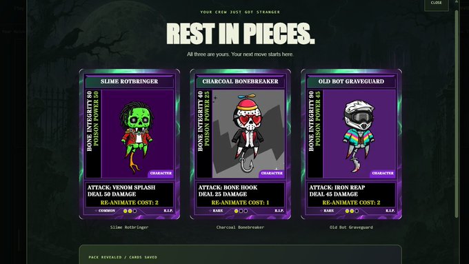 A game interface titled 'REST IN PIECES' showing three character cards: 'Slime Rotbringer', 'Charcoal Bonebreaker', and 'Old Hot Graveyard', each displaying stats like Bone Integrity, Poison Power, Attack, and Re-Animate Cost.