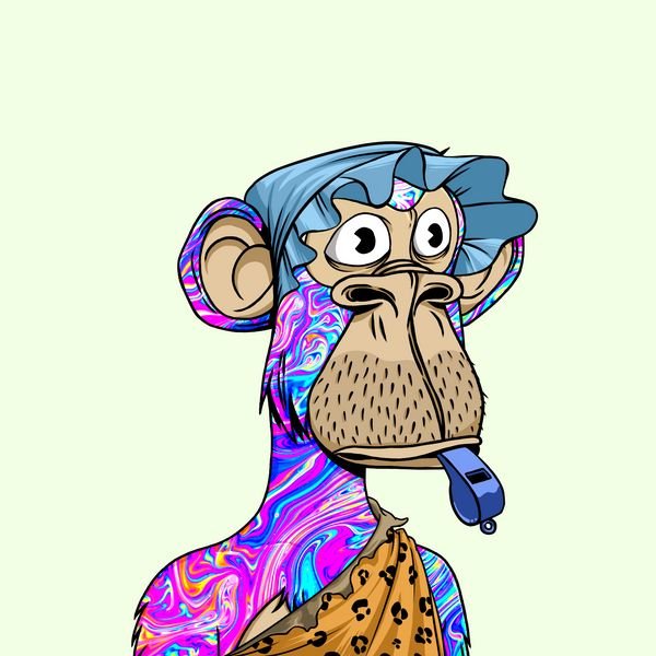 Digital illustration of a Bored Ape-style cartoon monkey with a colorful swirling pattern, smoking a blue vape pen.
