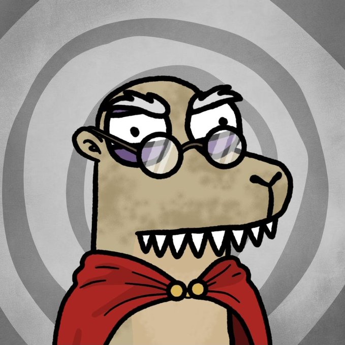 A cartoon T-Rex wearing glasses and a red cape with a hypnotic spiral background, paired with a promotional post offering 100 guaranteed spots for @hypzclub via a Google Forms link.