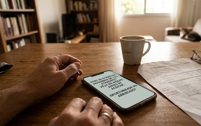 A person's hands resting on a wooden table next to a smartphone displaying text in Dutch, a coffee mug, papers with handwritten notes, and eyeglasses, with bookshelves in the background.