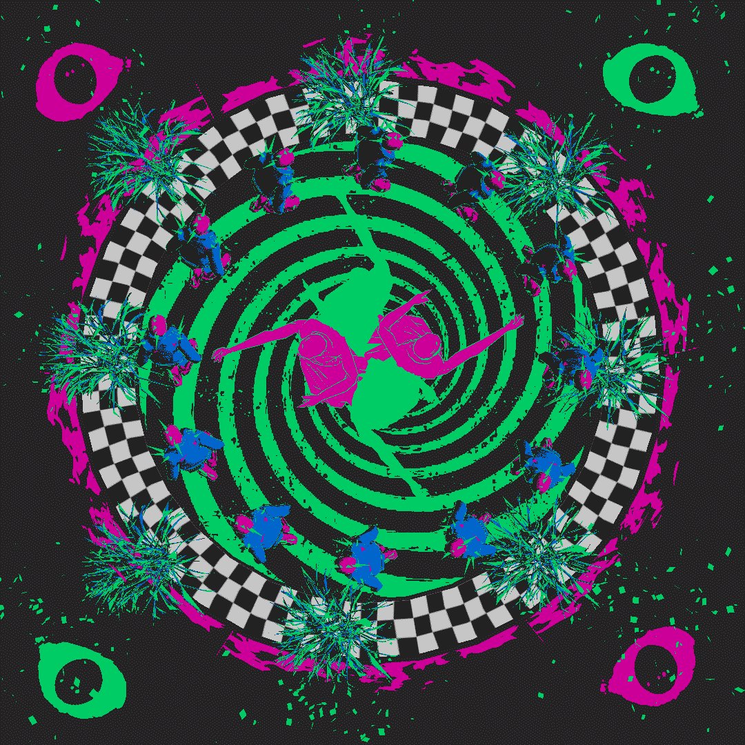 The image features a black background with a large spiral pattern that appears to be made up of green and pink colors. The spiral has a checkerboard pattern, which adds to its unique design. Surrounding the spiral are various objects such as flowers and other shapes in shades of blue and purple. In the bottom right corner of the image, there is text that reads "10 hours left of the auction, current bid at 0.1 ETH gm". This suggests that the spiral pattern might be related to an auction or a similar event where items are being sold for a limited time. The presence of these elements creates a sense of depth and complexity in the image, making it visually interesting and engaging.