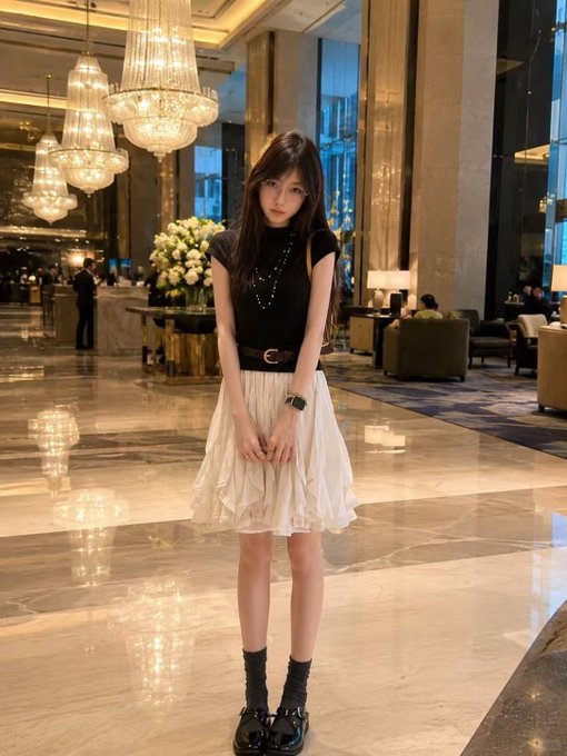 A young woman poses confidently in a luxurious hotel lobby, wearing a fitted black top, cream-colored skirt, and Mary Jane shoes, with elegant chandeliers and marble floors in the background. The polished, upscale setting reflects the post's narrative of attending high-profile events and meeting crypto industry figures during that pivotal year on Twitter.