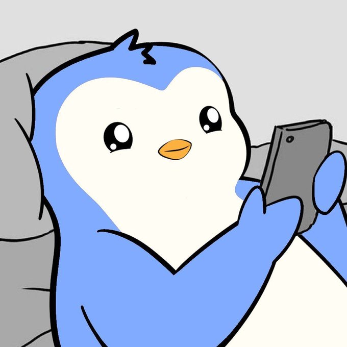 A cartoon illustration of a blue and white penguin holding a black smartphone.