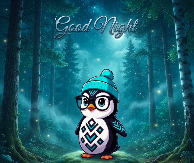 A digital illustration of a cute penguin wearing a blue beanie and glasses in a glowing forest, with 'Good Night' written above.