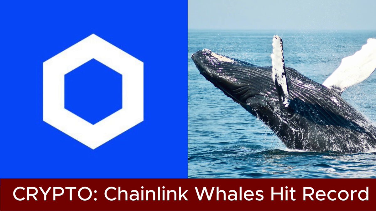 The image features a blue hexagon with the word "crypto" written inside, along with a picture of a whale jumping out of the water. The text below the image reads "Crypto: Chainlink Whales Hit Record", indicating that there is a record for the highest number of wallets holding at least 100,000 dollars in chainlink wallets held by Santiment.