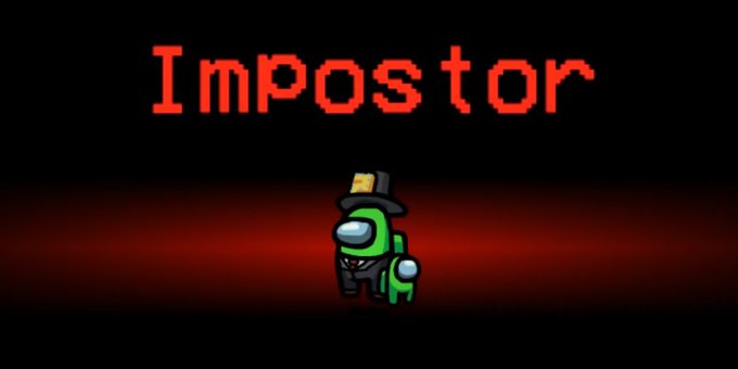 The image features the word "Impostor" in pixelated red text above a green Among Us character wearing a black top hat, mimicking the game's "Impostor" screen. The visual reinforces the post's playful suspicion that one of the top 5 followers on Sorsa is secretly not who they claim to be.