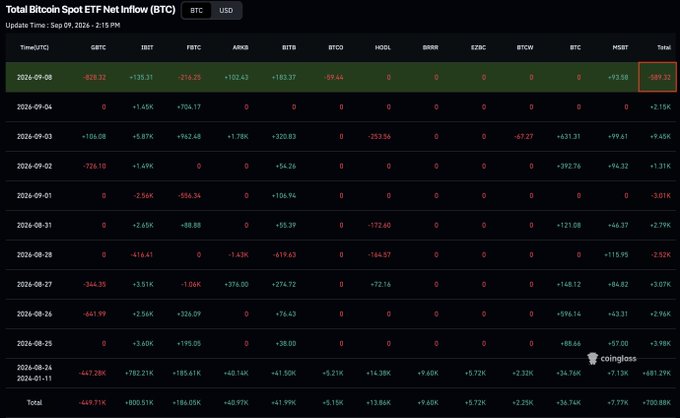 The image displays a "Total Bitcoin Spot ETF Net Inflow (BTC)" table tracking daily inflows and outflows across various ETFs (GBTC, IBIT, FBTC, ARKB, BITB, BTCO, HODL, BRRR, EZBC, BTCW, BTC, HBRT) from August 23 to September 8, 2024, with the most recent day (Sept 8) showing a net outflow of -589.32 BTC highlighted in a red box. This aligns with the post, as the highlighted row confirms the single-day outflow mentioned, while the cumulative total of 700.88K BTC shown at the bottom reflects the broader picture of substantial net inflows over the period.