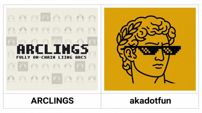 Two side-by-side panels: the left shows 'ARCLINGS - FULLY ON-CHAIN LIVING ARCS' over a pixelated head pattern, and the right shows a yellow square labeled 'akadotfun' featuring a classical bust wearing pixelated 'deal with it' sunglasses.