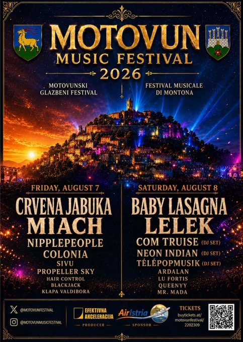 Promotional poster for the Motovun Music Festival 2026 in Montenegro, listing headliners Crvena Jabuka, Miach, Baby Lasagna, and Lelek across Friday, August 7 and Saturday, August 8, with contact info buyticket.eu/motovunfestival/2202309.