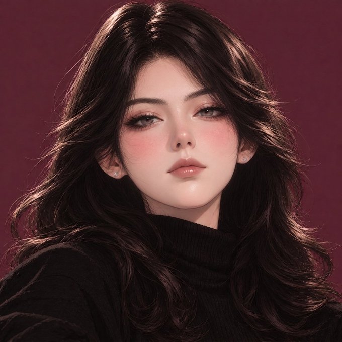 A portrait of a young woman with long dark wavy hair, prominent blush, and glossy lips wearing a black turtleneck against a deep burgundy background.