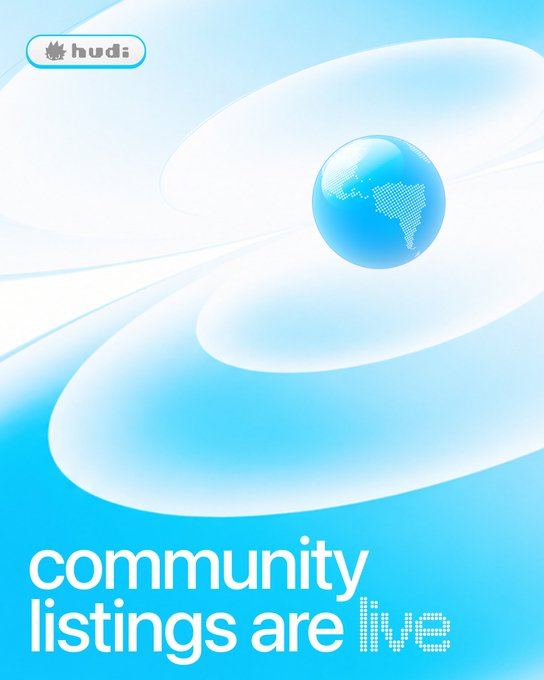 A promotional graphic with a light blue color scheme featuring a 3D globe graphic. The text at the bottom reads 'community listings are live' and the top left corner displays a 'hudi' logo with a small character icon.