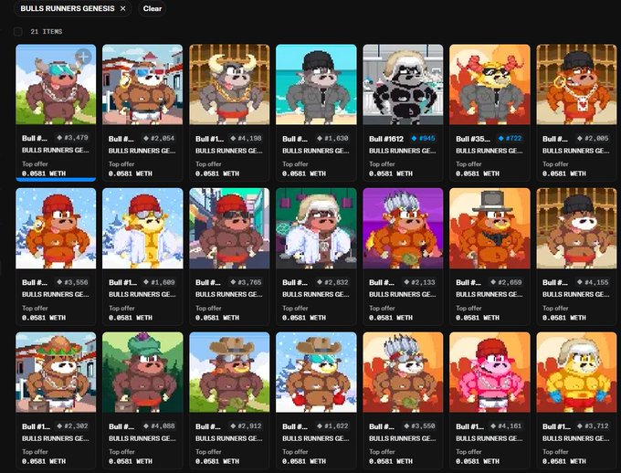 A screenshot of an NFT marketplace displaying a collection titled 'BULLS RUNNERS GENESIS' with 21 items, each featuring pixel art bull characters with various traits and listed at 0.0501 WETH top offer.