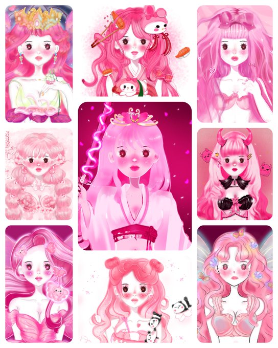 A collage of nine pink-haired anime-style girl illustrations in various kawaii outfits, with the central larger image being highlighted as "the pink HANA" still available, tying together the caption's playful theme that "pink isn't just a color, it's an attitude."