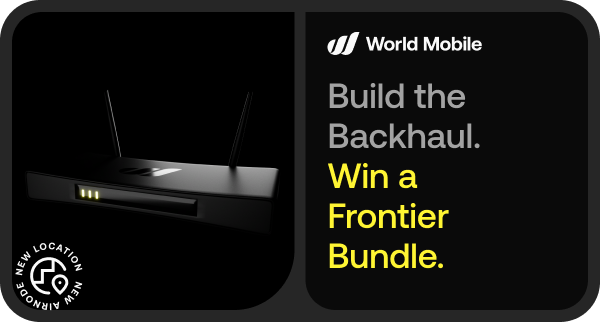 A promotional graphic for World Mobile featuring a black networking device, with the text 'Build the Backhaul. Win a Frontier Bundle.' and a 'NEW LOCATION ALLOWED' badge.