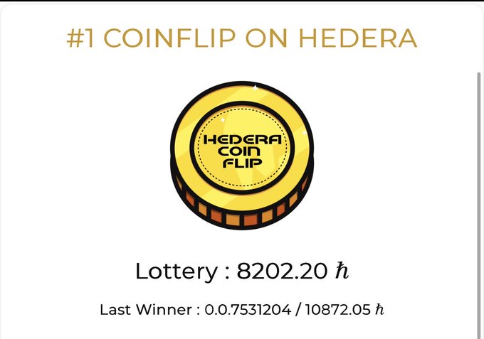 A Hedera Coin Flip lottery interface showing '#1 COINFLIP ON HEDERA' with a gold coin graphic, 'Lottery: 8202.20 ℏ' and 'Last Winner: 0.0.7531204 / 10872.05 ℏ'.
