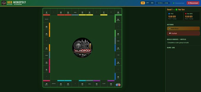 A screenshot of an online 'SEO Monopoly' board game interface showing a green Monopoly-style game board with colored property spaces and game controls.