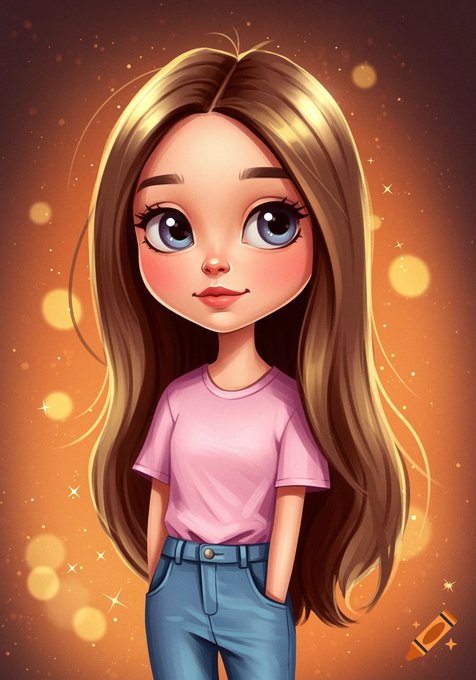 The image features a cartoon girl with long brown hair wearing a pink shirt, standing against an orange background that has white stars scattered throughout. The girl appears to be posing for the camera or looking at someone taking her picture. In the bottom right corner of the image, there is a small yellow object, possibly a pencil or a crayon.