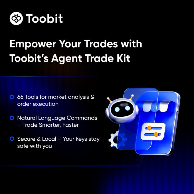 The image features a blue background with white text that reads "Say goodbye to slow trades! With Toobit’s cutting-edge tools, experience faster, smarter, and secure market moves." The image also includes two phones placed on top of each other, one being a phone with a robot face on it. The text in the image is related to the Toobit Agent Trade Kit, which is an app designed for trading cryptocurrencies using Toobit's tools.
