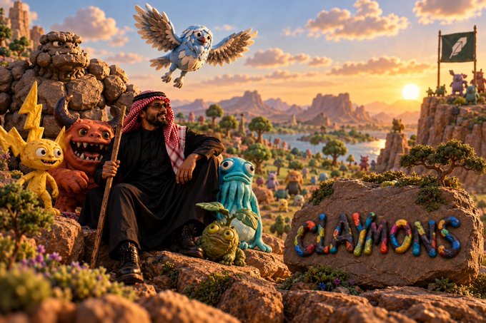 An illustrated landscape at sunset features a man in traditional Arab attire sitting on rocks alongside several colorful claymation-style monster characters, with the word 'CLAYMONS' spelled out in colorful clay letters on a nearby rock.