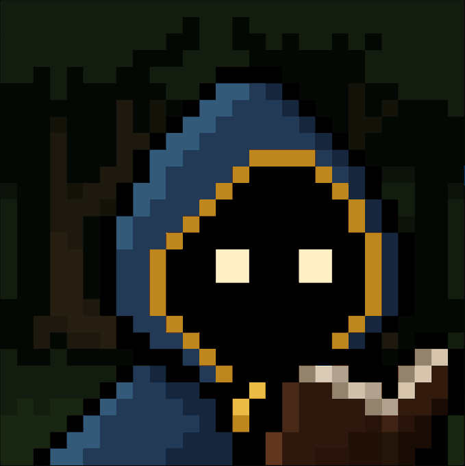 Pixel art image of a hooded figure with a blue hood, gold trim, and glowing square eyes against a dark background.